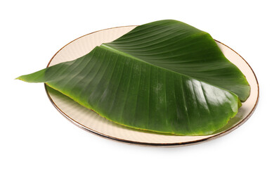 Plate with cut banana leaf isolated on white. Healthy eco serving