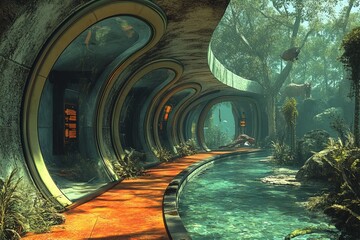 A futuristic corridor integrates an aquatic environment, showcasing innovative architecture with transparent elements, creating a serene and immersive nature experience.