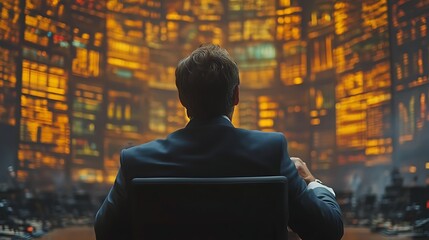 Man in suit observing data streams on numerous screens.