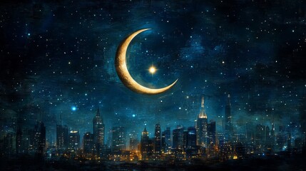 Crescent Moon Over Night Cityscape Starry Sky