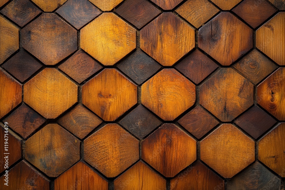 Aufkleber a warm-toned wooden mosaic with interlocking hexagonal tiles, showcasing a rich variety of textures 