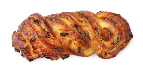 Delicious pastry with raisins isolated on white, top view