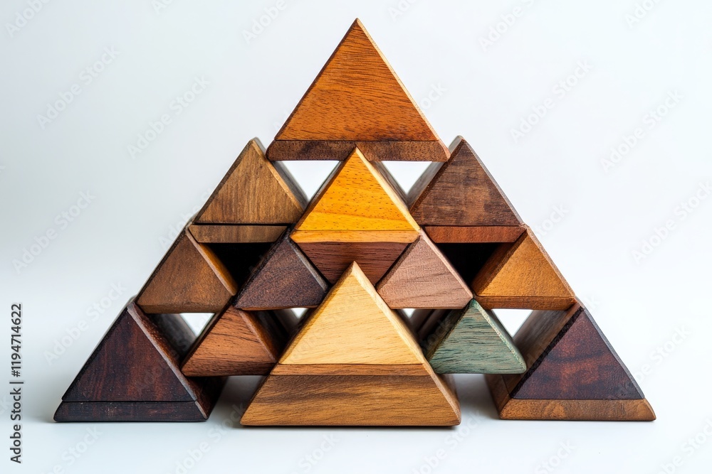 Fototapete a vivid pyramid structure crafted from various colored wooden triangular blocks, representing harmon
