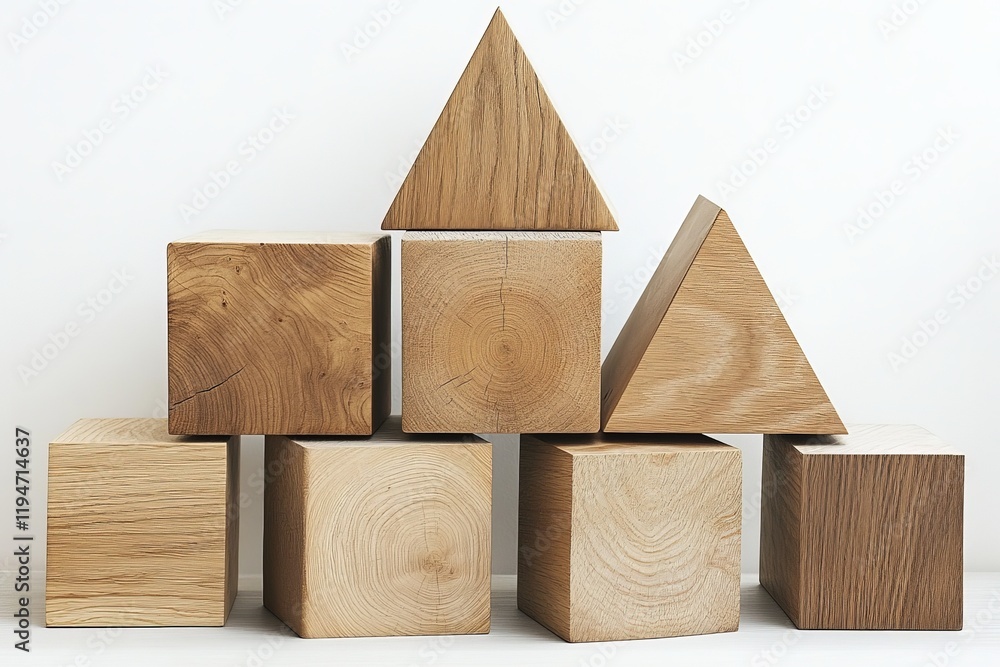 Poster this image showcases an abstract sculpture made of wooden cubes and triangles stacked artistically, 