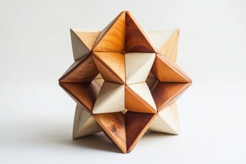 This complex geometric sculpture is crafted from interlocking wooden pieces forming a star-like shape, highlighting intricate design and the harmony of mathematical patterns.