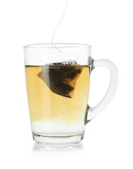 Brewing aromatic tea. Cup with teabag isolated on white