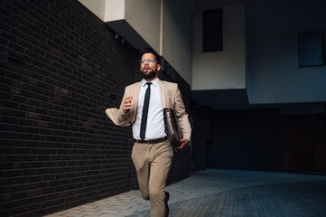 Businessman running late for work in city