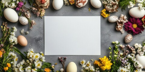 Blank card surrounded by colorful flowers and decorated eggs on a textured grey background celebrating Novruz Bayram in a festive arrangement.