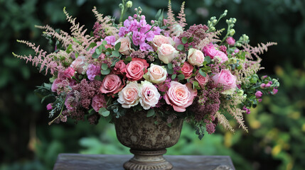Lush pink and purple floral arrangement in ornate vase outdoors, bouquet in the garden