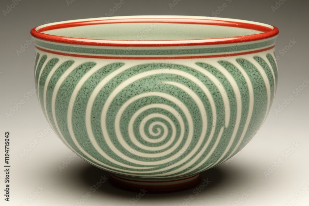 Poster a vibrant ceramic bowl in green with a spiral pattern and contrasting red rim, blending retro art de