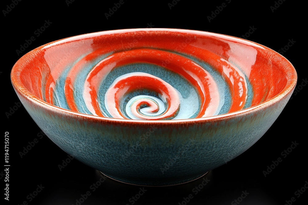 Poster a striking ceramic bowl with a swirling red and blue spiral design, creating a bold and captivating 