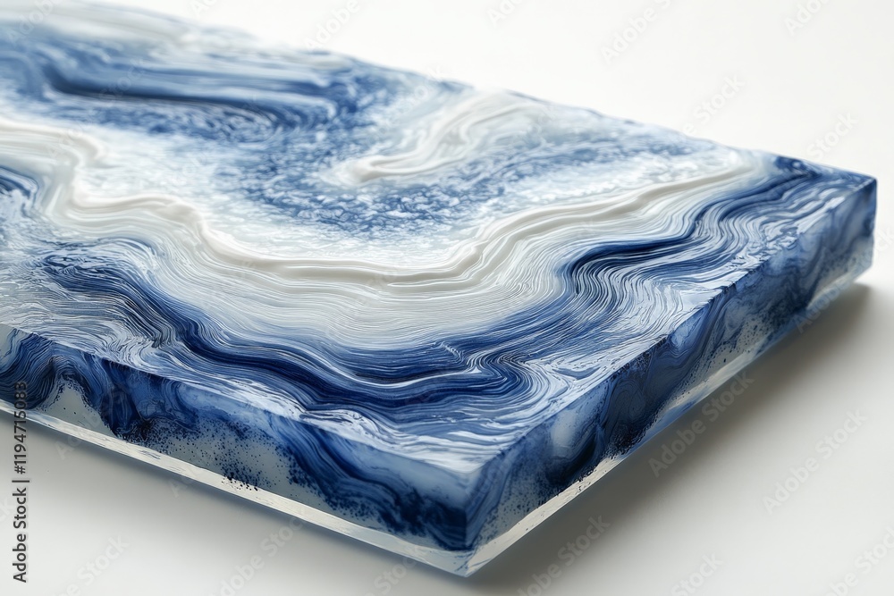 Poster this abstract resin art piece combines striking blue and white hues in flowing patterns, creating a 