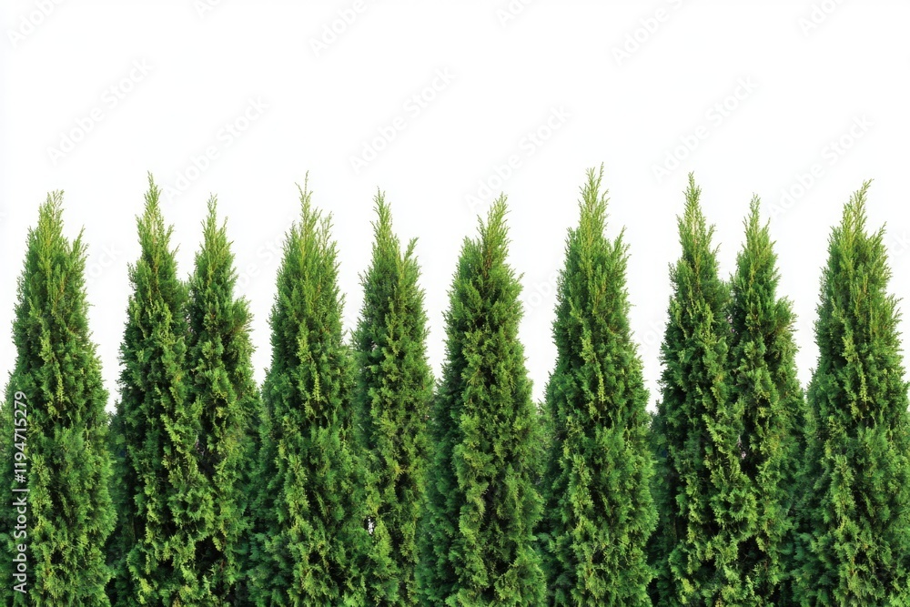 Poster a row of green trees against a clean white background, ideal for uses such as design and decoration