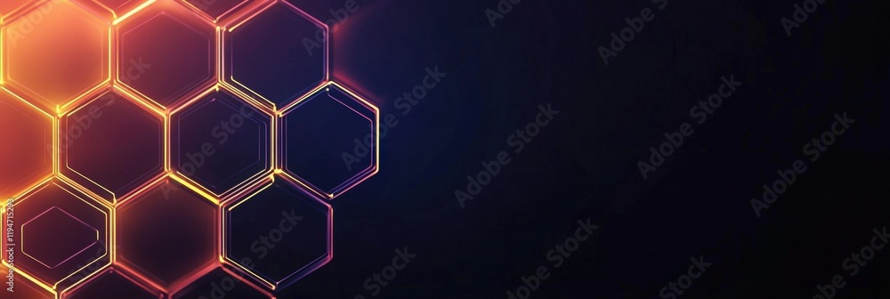 Poster a hexagonal grid with glowing neon lines, dark background