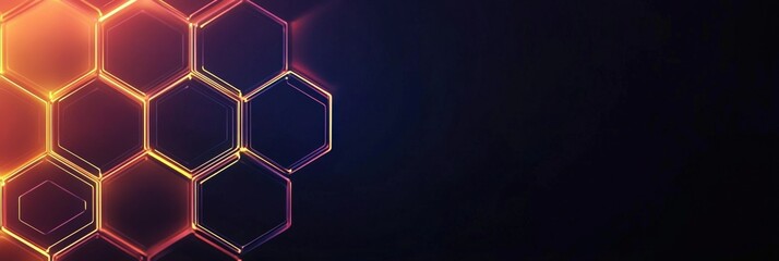 A hexagonal grid with glowing neon lines, dark background