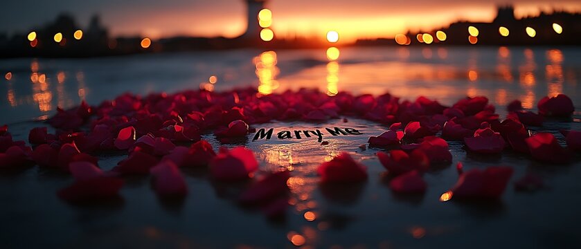 Romantic sunset proposal scene with rose petals and "Marry Me" written in the sand.