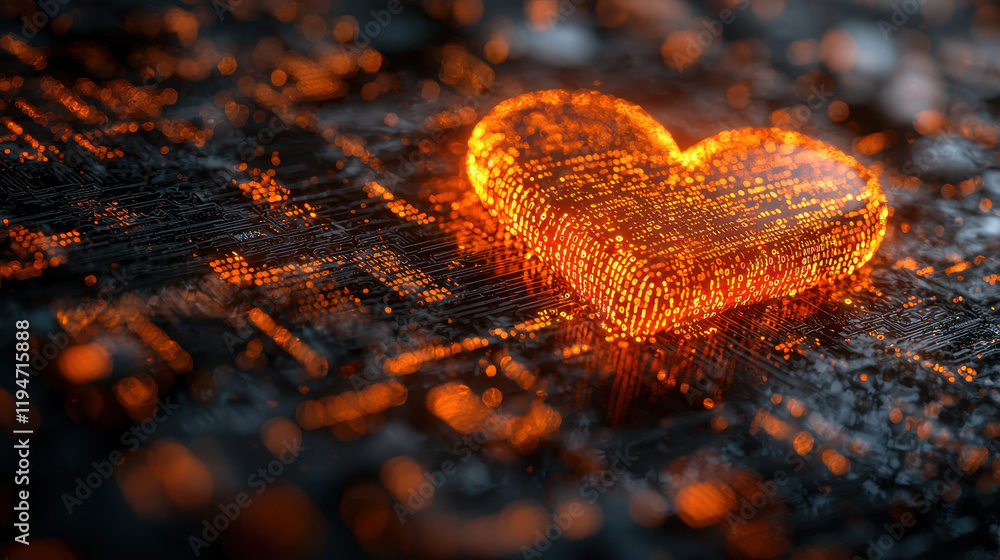 Aufkleber conceptual illustration of glowing binary code forming a heartbeat shape in digital landscape