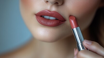 A close-up view of a woman holding a lipstick, ready for makeup application