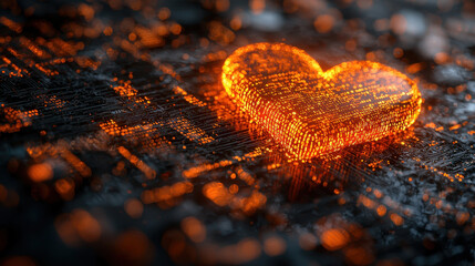 Conceptual illustration of glowing binary code forming a heartbeat shape in digital landscape