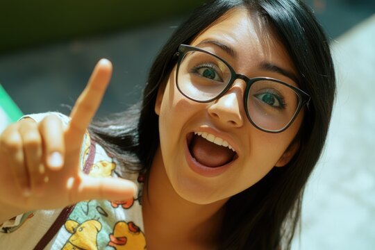 A woman with glasses forming a peace sign gesture