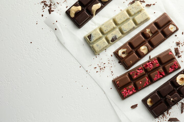 Tasty chocolate bars and crumbs on white textured background, flat lay. Space for text