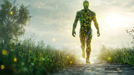 Microscopic nanobots repair human cells in a surreal biological landscape