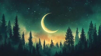 Fototapeta premium Crescent Moon Over Silhouetted Pine Forest At Night