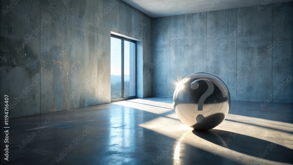 Poster metallic sphere with question mark in sunlit empty room