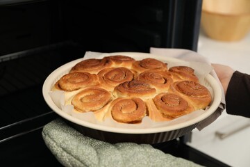 Woman taking delicious cinnamon rolls out of oven, closeup