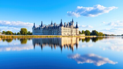Obraz premium A picturesque castle reflecting in a calm lake under a blue sky.