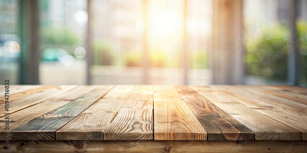 Aufkleber rustic wooden tabletop against a softly blurred sunny background ideal for product placement or mock