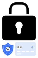 Black padlock with keyhole, blue shield with checkmark, and credit card symbolize data and financial security. Ideal for fintech, cybersecurity, identity protection, safe transactions, payment
