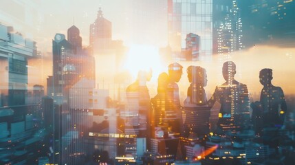 Cityscape sunset silhouettes team meeting collaboration
