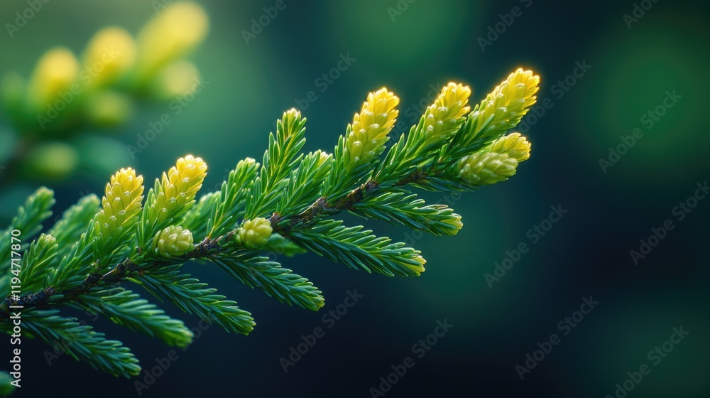 Poster Close-up view of a pine tree branch with needles and cones