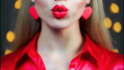 Soft focus of beautiful woman's lips with bright red lipstick blowing a kiss to the camera with red shirt and heart shaped earrings Valentine's day background Valentine love romance sensuality kiss - Powered by Adobe