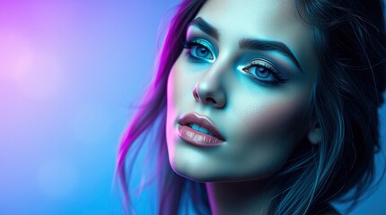  Ethereal portrait of a woman with makeup, cosmetics, and contour on a studio background. Cool blues, greens, and purples create a mystical feeling, light aura surrounds her