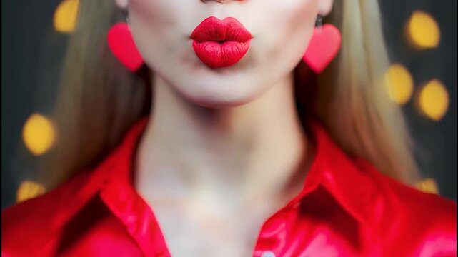 Soft focus of beautiful woman's lips with bright red lipstick blowing a kiss to the camera with red shirt and heart shaped earrings Valentine's day background Valentine love romance sensuality kiss