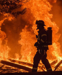 Feuerwehrmann umgeben von lodernden Flammen eines Waldbrandes