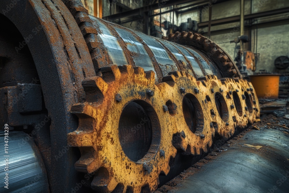 Poster a detailed look at a large industrial machine in a factory setting