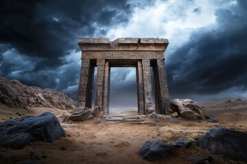 Fototapeta premium Towering Remnants of a Colossal Stone Gate Under Dark Stormy Sky Showcasing Weathered Textures and Ancient Mystique in a Desert Landscape