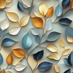 Abstract Floral Pattern Featuring Colorful Leaves in Shades of Copper, Blue, and Gold on a Soft Background for Elegant Design Projects