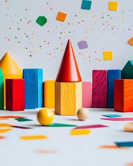 Colorful geometric wooden blocks arranged playfully on a surface with scattered shapes.