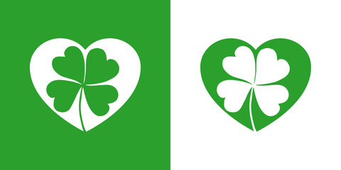 Logo afortunado en el amor. Silueta de trébol de cuatro hojas en corazón, para tarjetas y felicitaciones de San Patricio y San Valentín