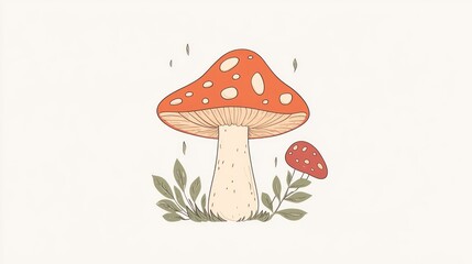 Cute mushroom illustration with leaves and rain drops on white background