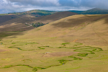 Persembe Plateau with meanders and grazing a flock of sheep