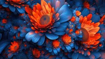 Vibrant Blue and Orange Fractal Flowers Bloom