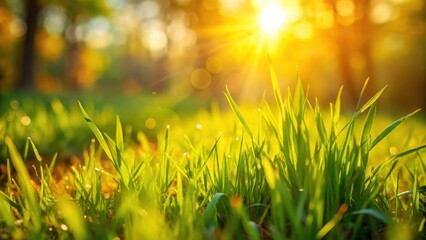 Fototapeta premium Golden Hour Meadow Vibrant Green Grass Illuminated by Warm Sunlight
