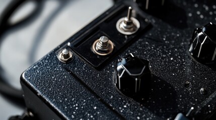 A detailed view of a black guitar pedal, ideal for music-themed designs and projects