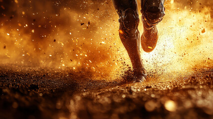 Athlete prepares to race with advanced prosthetic legs in an energetic environment