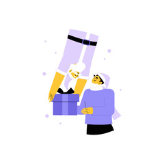 New Year Surprise Gift Exchange With Santa In Flat Vector Illustration Symbolizing Celebration, Festivity, And Joy, Isolated On White Background